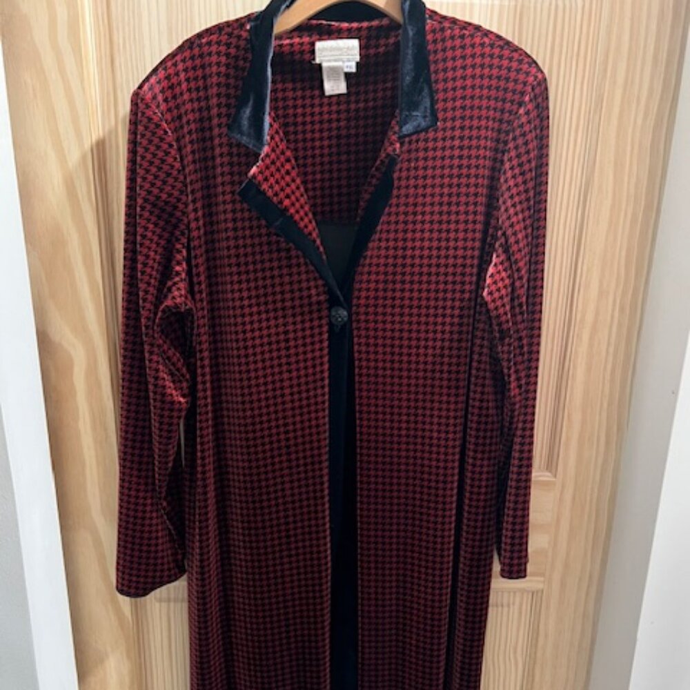 Coldwater Creek velour duster red and black houndstooth maxi coat, long robe PXL